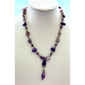 Purple & Pink Gemstone Beaded Necklace With Amethyst Pendant & Adjustable Chain